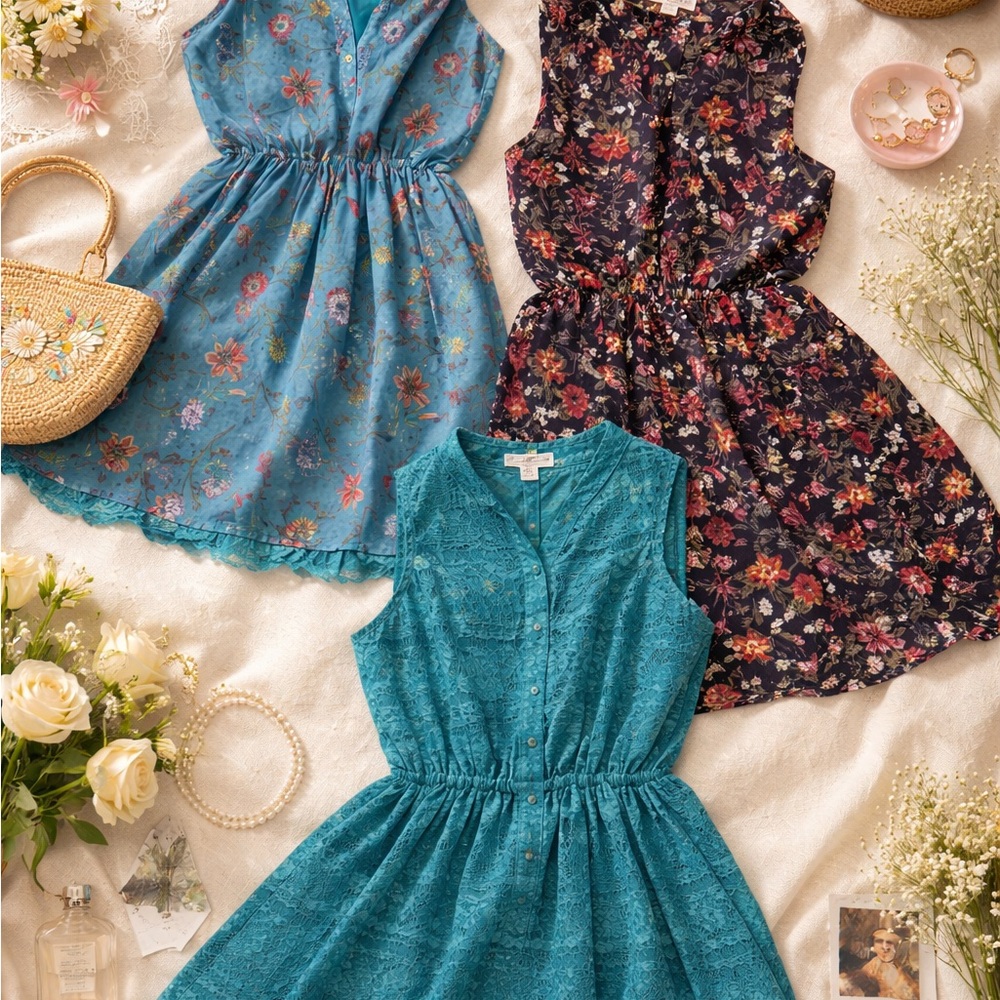 Knitworks Floral Kids Dress Set - Teal and Navy